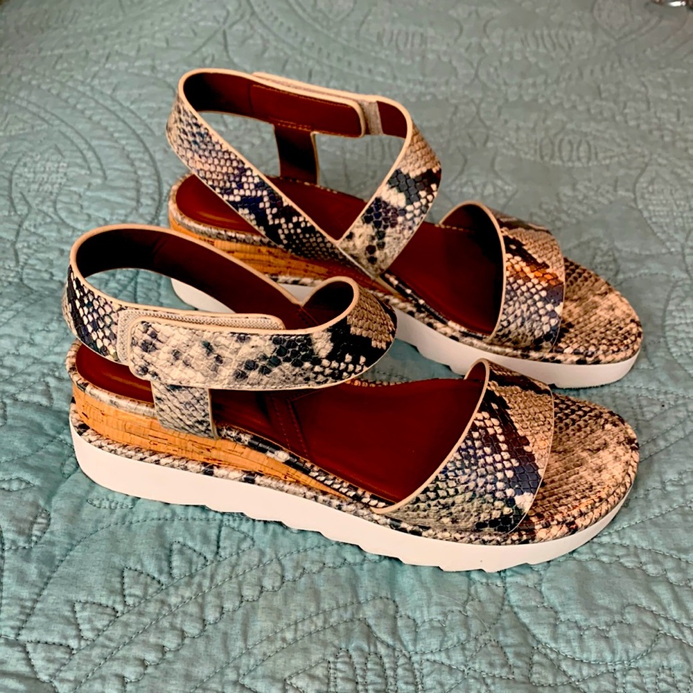 Snakeskin sandal with 2" cork heel never worn